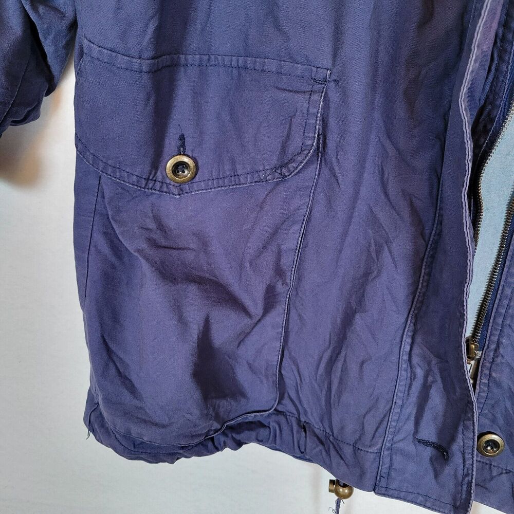 Express Womens Zip Leather Collar Barn Chore Coat Size Large Blue Vintage Hood - Picture 3 of 10